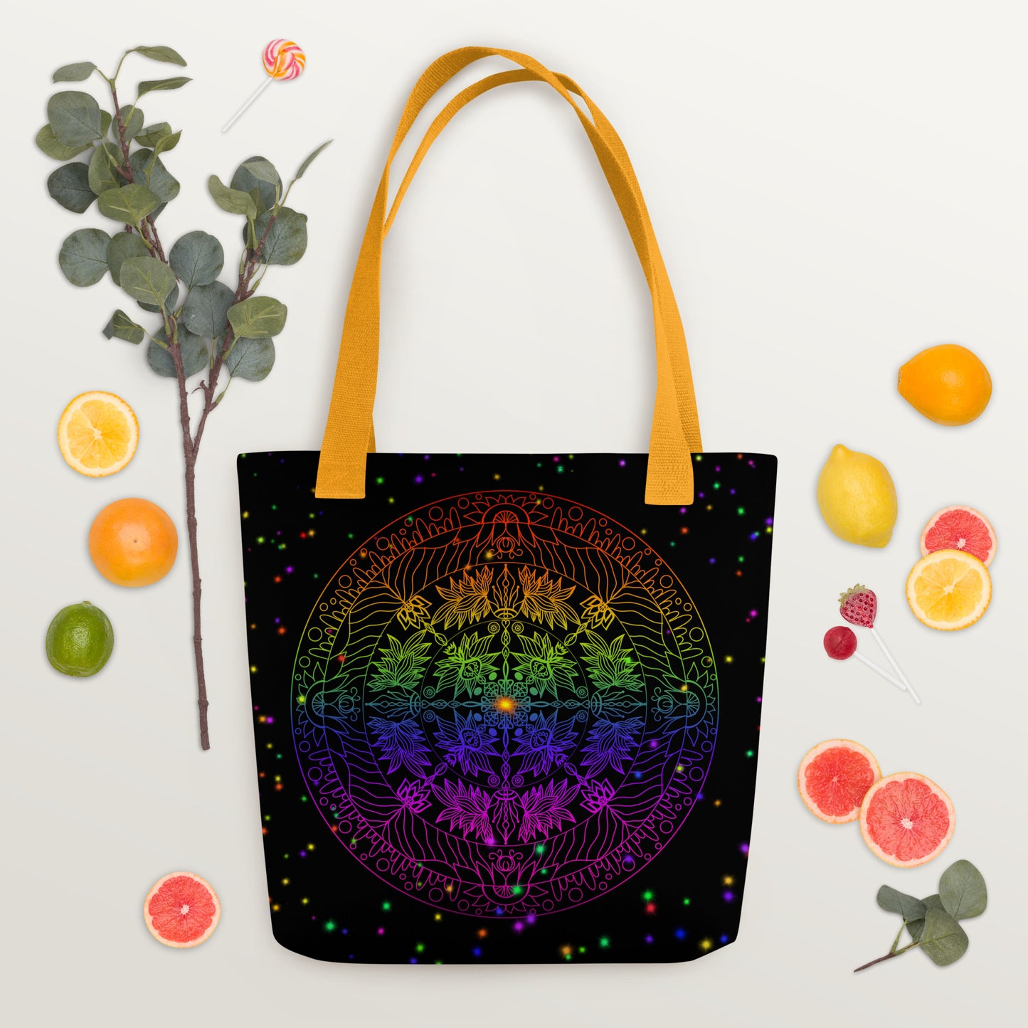 Auróra Mandala tote bag flatlay – cosmic rainbow print with fruits and vegetables