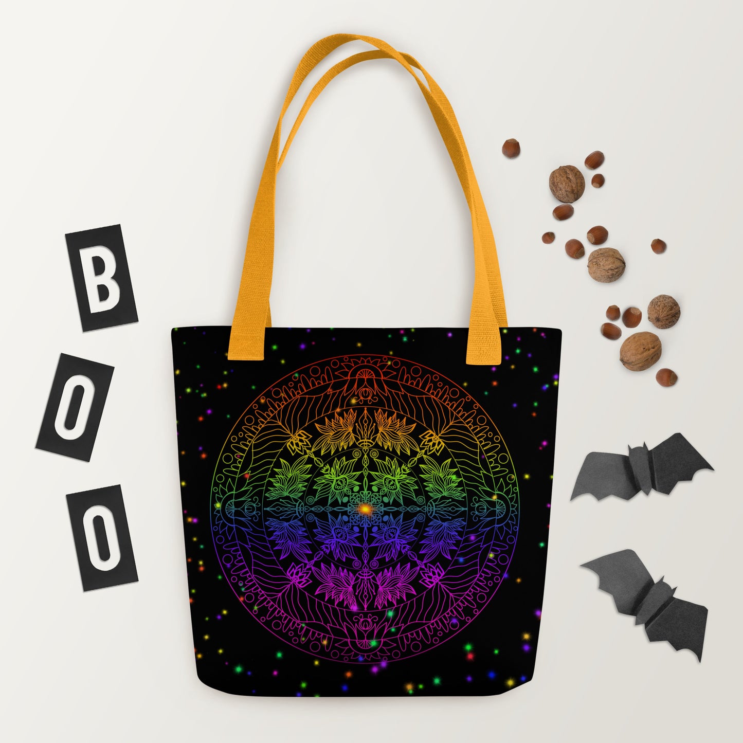 Flatlay with Auróra Mandala tote bag and lifestyle items – boho chic vibe