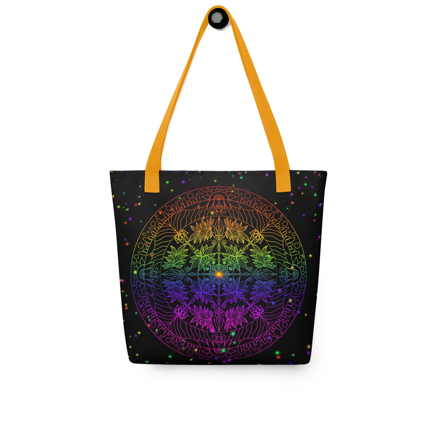 Front view of Auróra Mandala tote bag – rainbow mandala print on black background