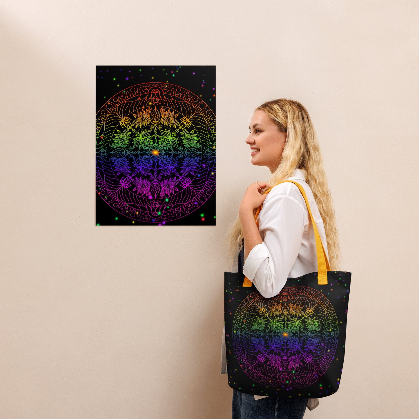 Woman wearing the Auróra Mandala tote bag – spiritual fashion for everyday style