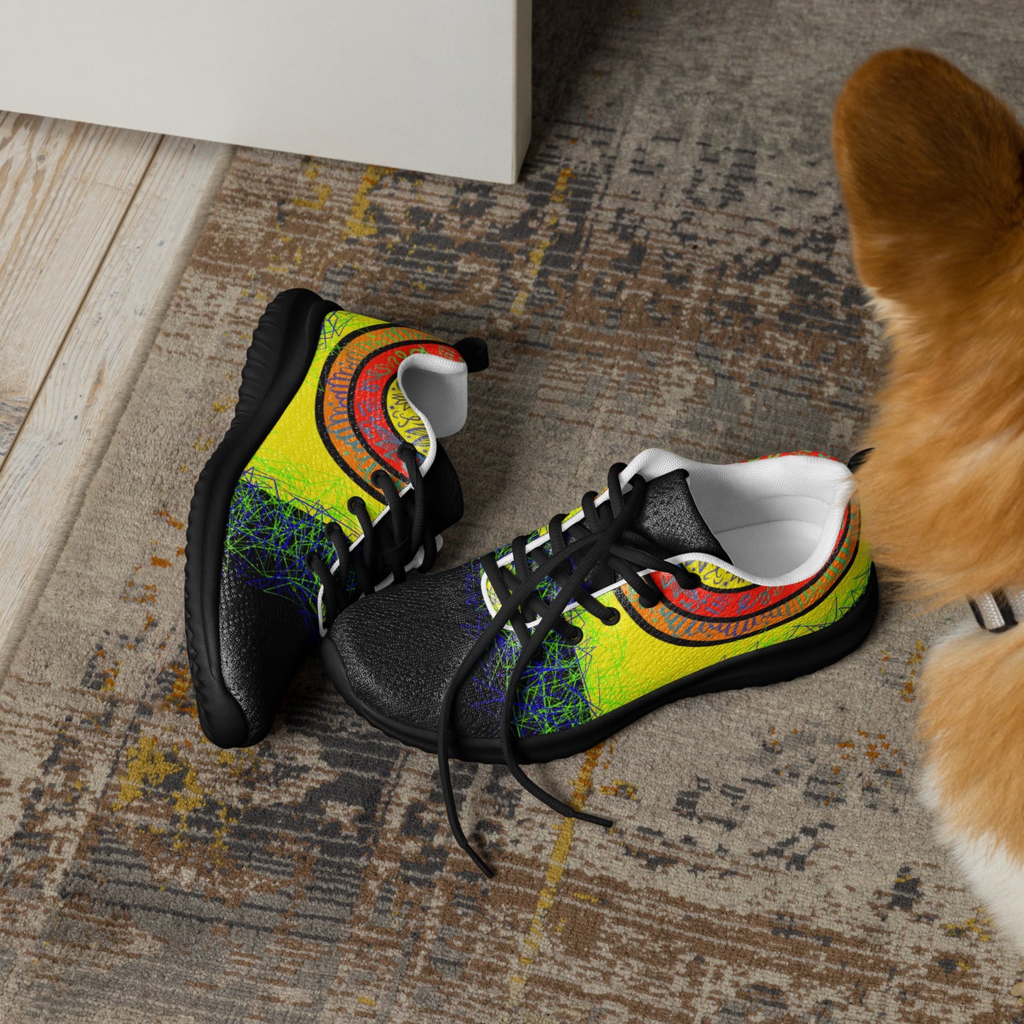 Cosmic Energy shoes at home – colorful and comfy, dog in frame