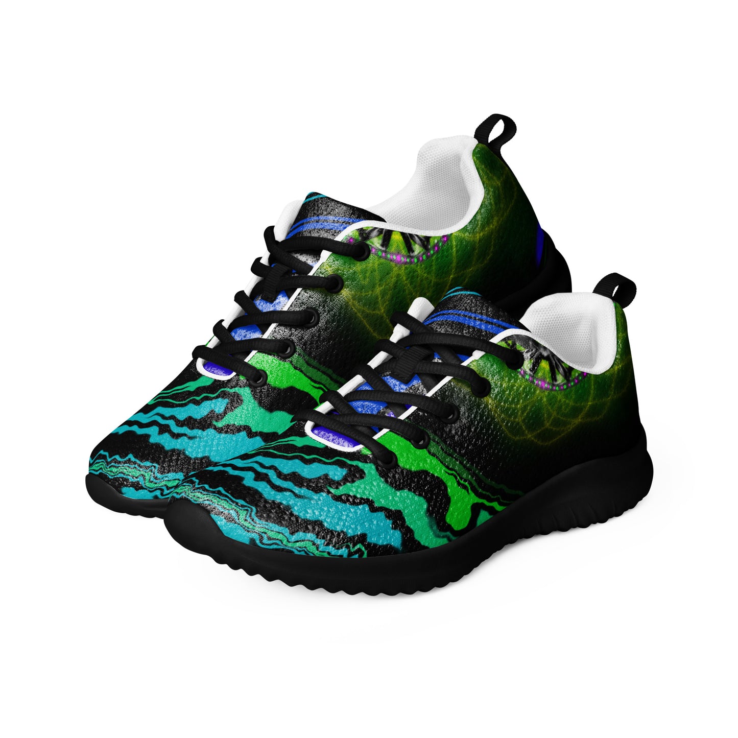 Side view of Spectral Flow men’s psychedelic sneakers in blue-green tones