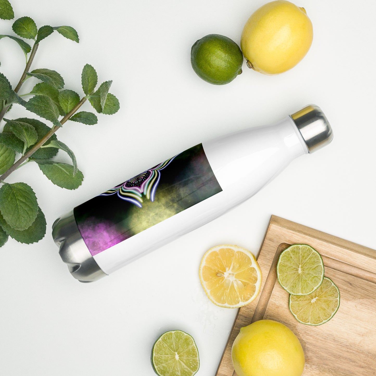 Stainless steel bottle with Starglow Lotus artwork surrounded by citrus fruits