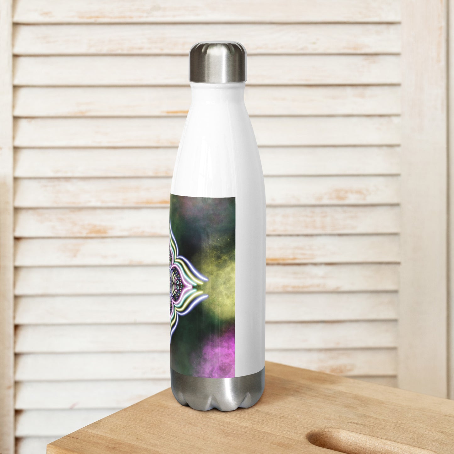 Psychedelic stainless steel bottle with lotus mandala – side view on wood surface