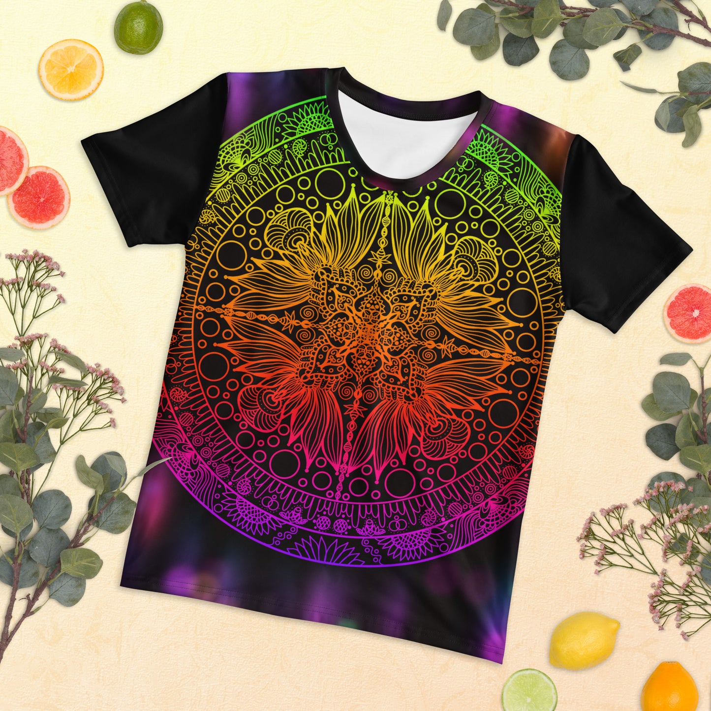 Tropical Sunray t-shirt in lifestyle flat lay – vibrant and trippy vibe