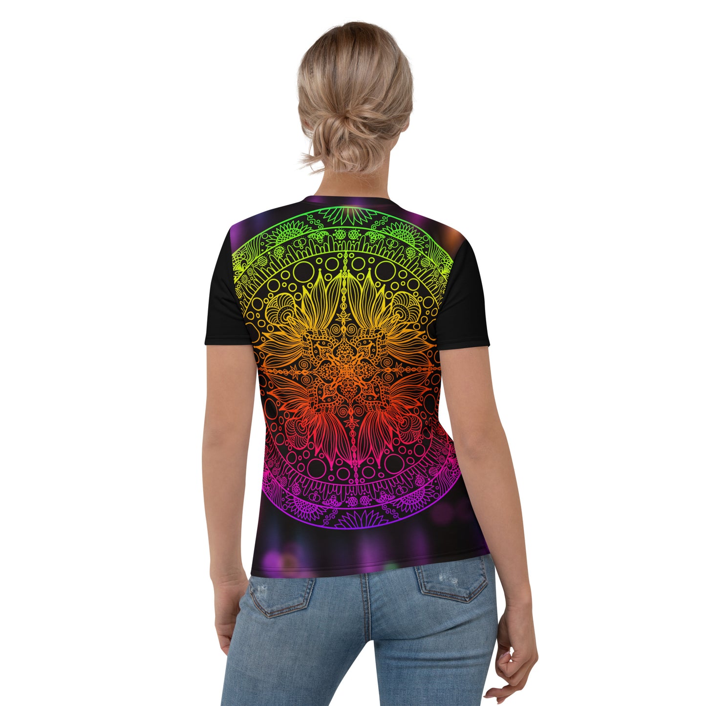 Tropical Sunray women’s t-shirt – back view with rainbow mandala artwork