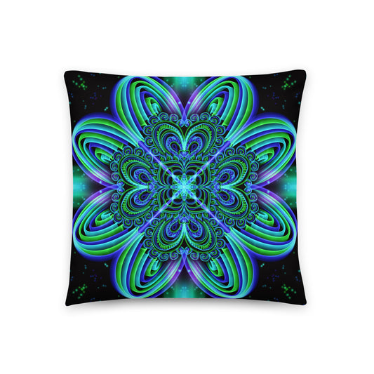 Front view of Astral Serenity mandala throw pillow with green and blue design