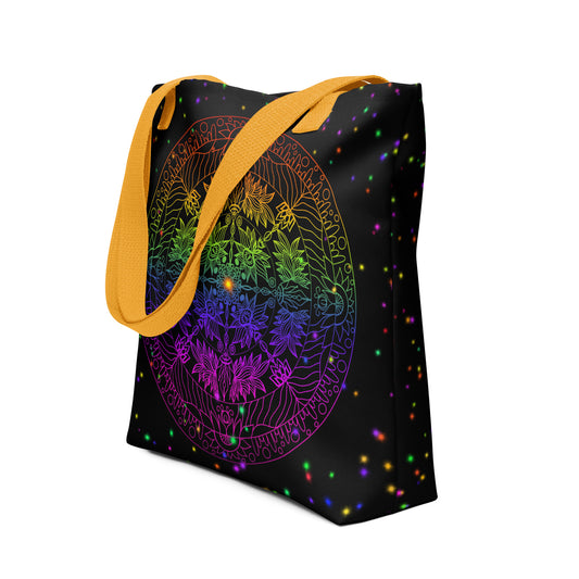  Auróra Mandala psychedelic tote bag – 3D angled view with yellow straps
