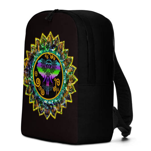 Front view of psychedelic backpack with glowing mandala and winged figure