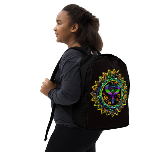 Woman wearing backpack with vivid mandala design and winged entity
