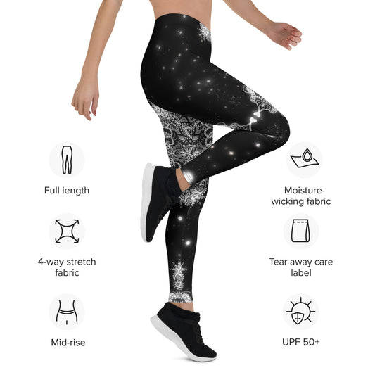 Celestial Lace yoga leggings – side view with feature icons, black and white mandala design
