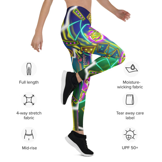 Geometric Harmony yoga leggings – side view with feature icons, glowing mandala pattern
