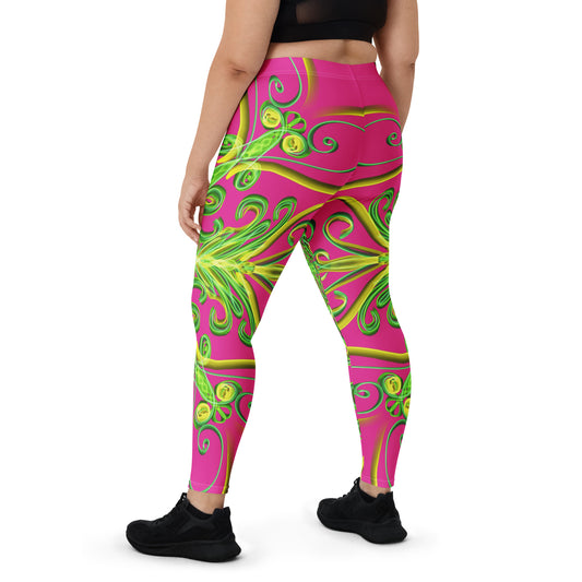 Back view of Spring Flame yoga leggings – full-length psychedelic design on white background