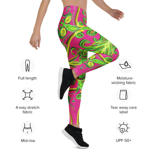 Spring Flame yoga leggings – side view with feature icons, psychedelic pink and green pattern