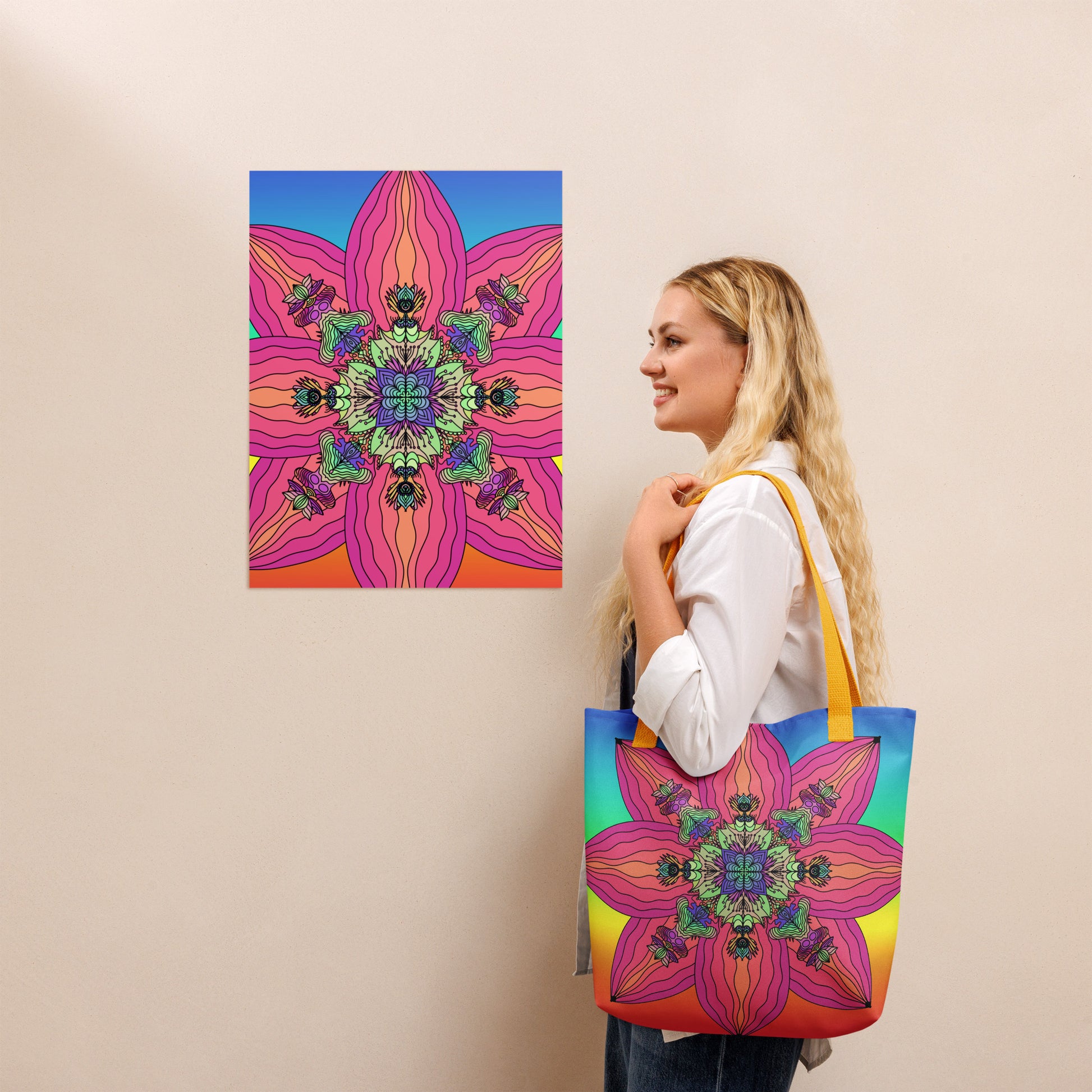 Model holding the Blooming Kaleidoscope tote bag – spiritual and stylish gear