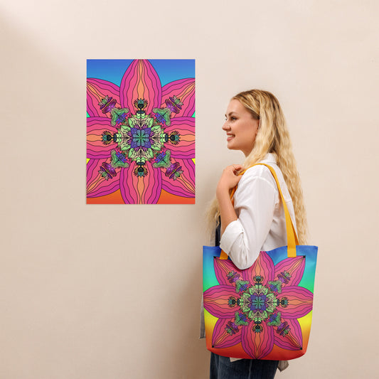 Model holding the Blooming Kaleidoscope tote bag – spiritual and stylish gear