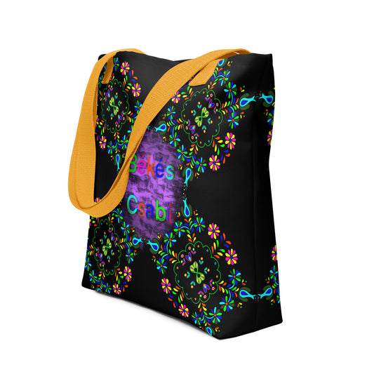 Békés Csabi tote bag – angled view with neon folk design and yellow straps

