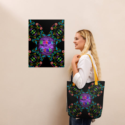 Model holding Békés Csabi tote bag – psychedelic folk fashion in daily life