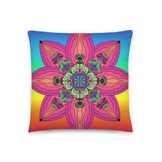 Blooming Kaleidoscope psychedelic mandala pillow on white background