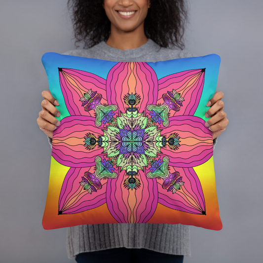 Psychedelic throw pillow held by smiling model