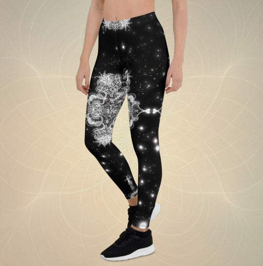 Model wearing Celestial Lace UV-reactive black leggings with white mandala and galaxy design