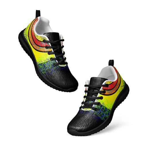 Cosmic Energy men’s athletic shoes – vibrant psychedelic pattern, floating side view