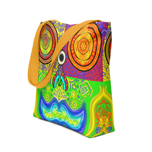 Side view of the Cosmic Energy tote bag with psychedelic mandalas and glowing symbols