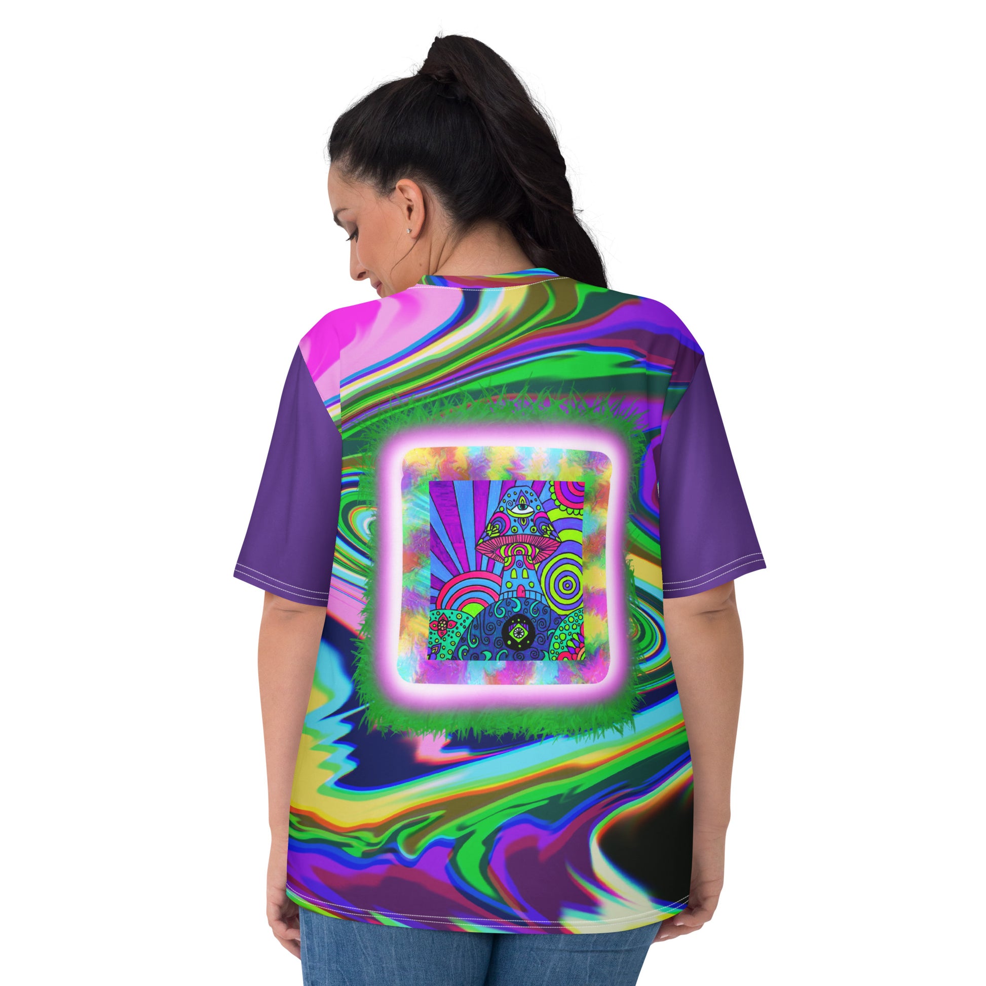 Dreamshroom Dimension t-shirt back – surreal swirled background design wrapping around