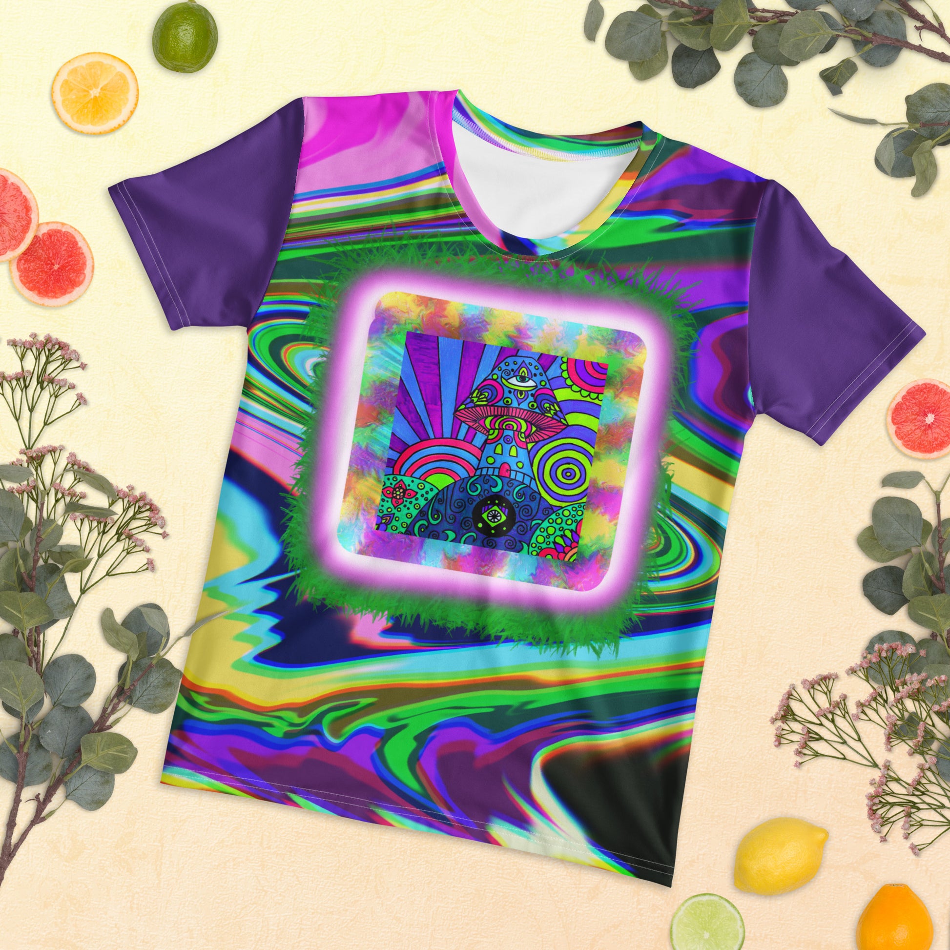 Dreamshroom Dimension tee flat lay – colorful mushroom mandala with trippy background