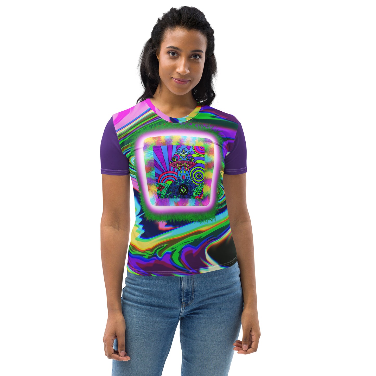 Model wearing Dreamshroom Dimension psychedelic t-shirt – vibrant mushroom art on rainbow waves