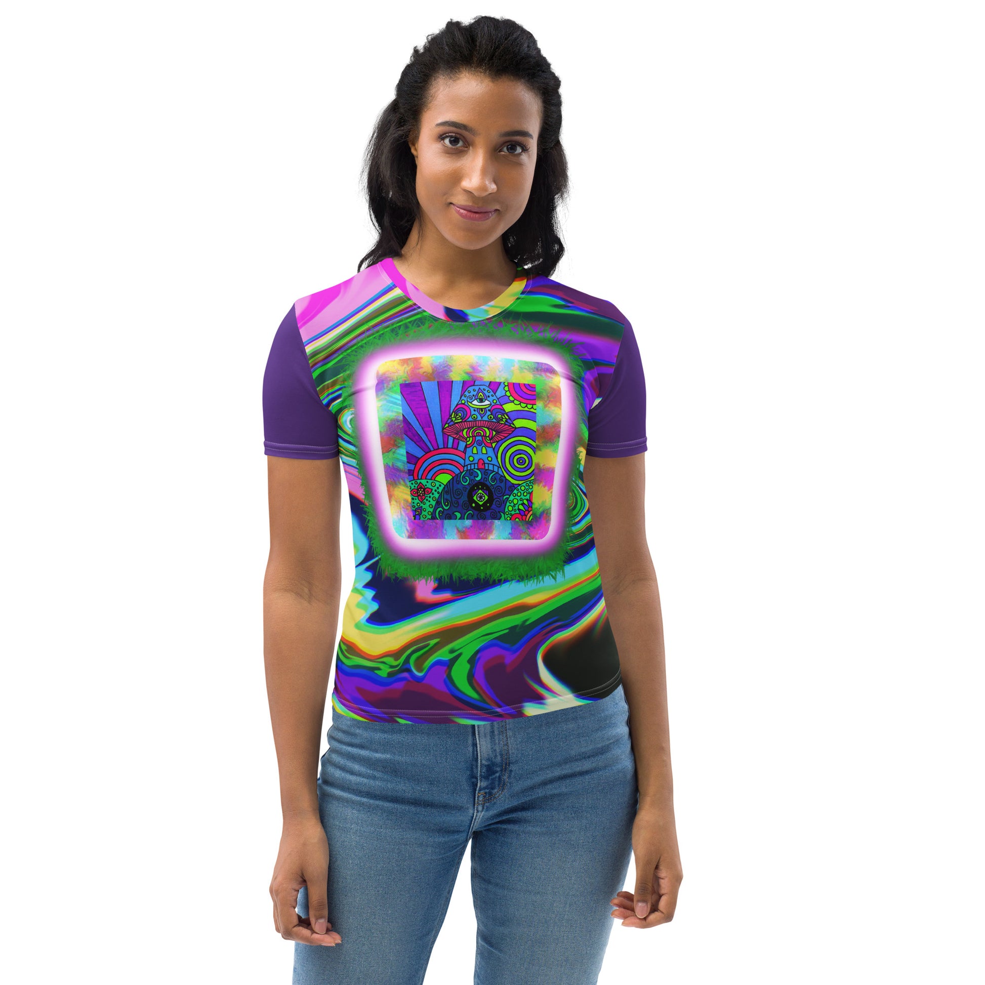 Model wearing Dreamshroom Dimension psychedelic t-shirt – vibrant mushroom art on rainbow waves