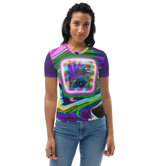 Model wearing Dreamshroom Dimension psychedelic t-shirt – vibrant mushroom art on rainbow waves