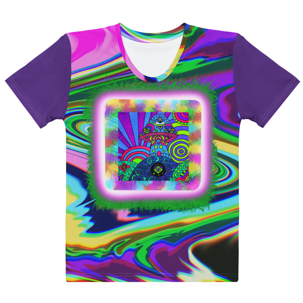 Dreamshroom Dimension psychedelic women's t-shirt front view – vivid mushroom portal design on rainbow swirl background