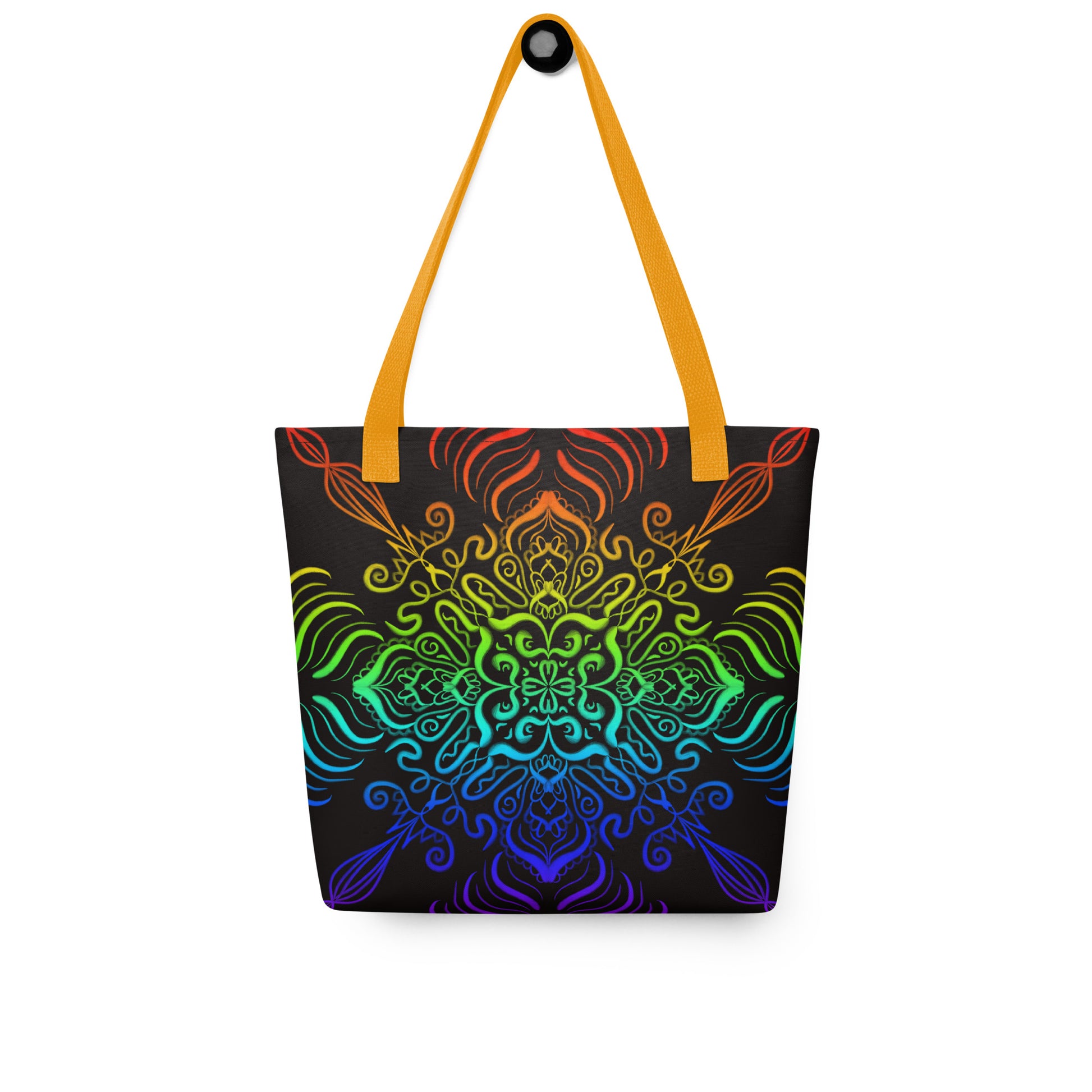 Front view of the Elemental Harmony tote bag with orange straps