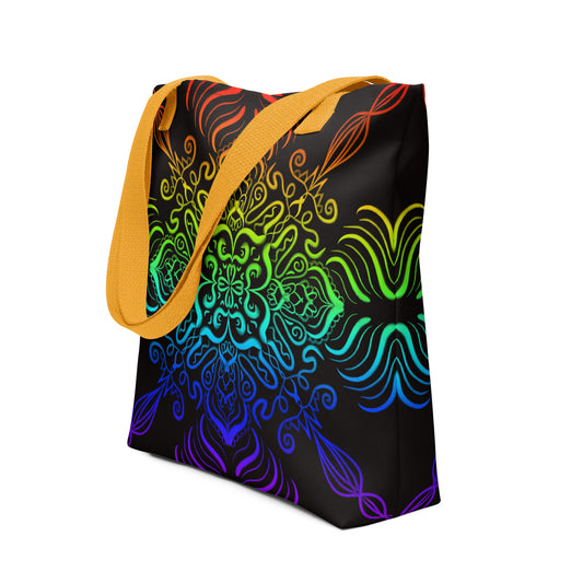Side view of the Elemental Harmony tote bag with rainbow mandala on black background