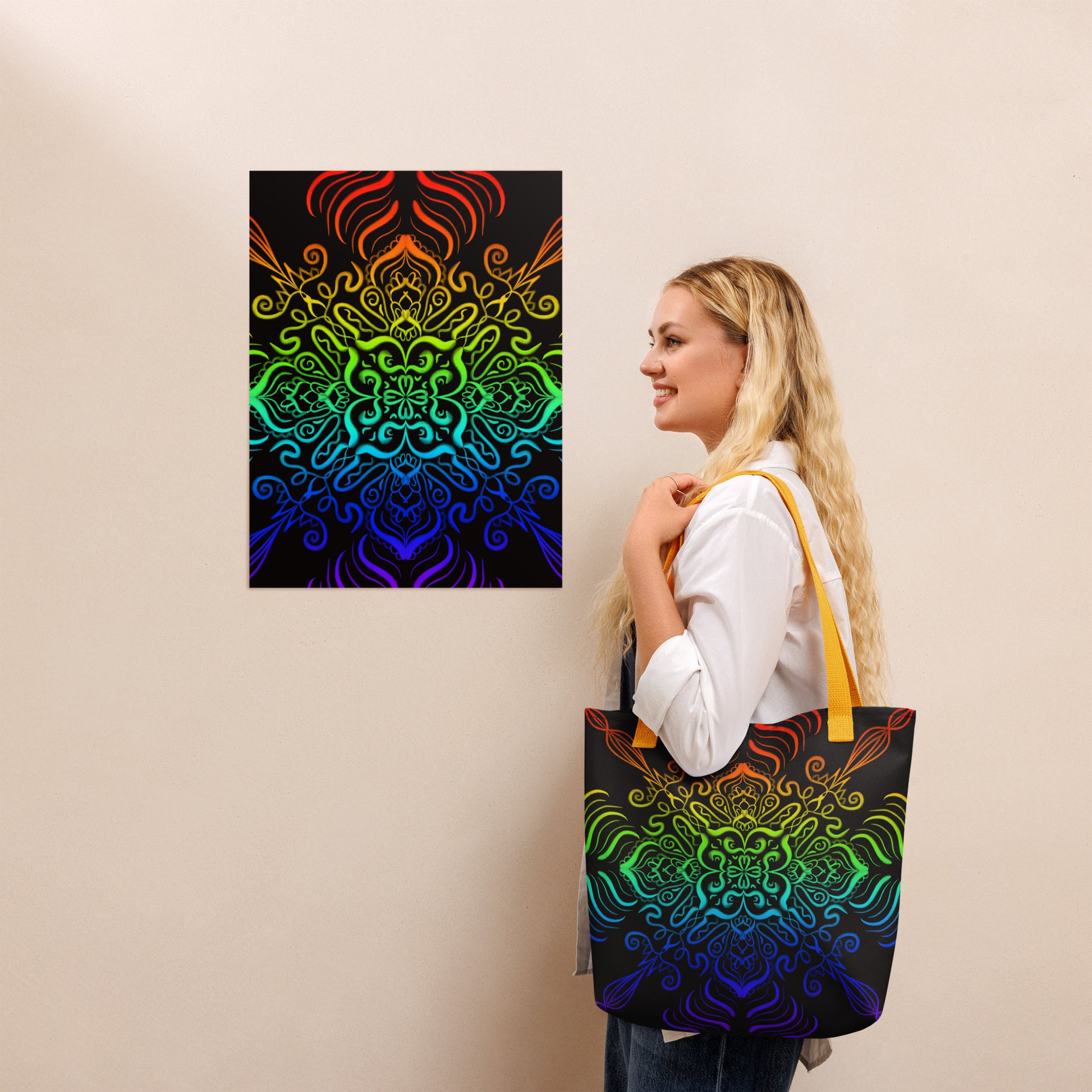Model showcasing the Elemental Harmony tote bag with radiant sacred geometry design