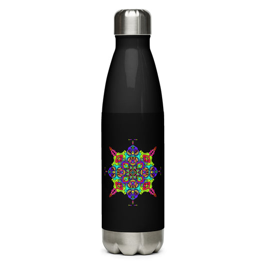 Front view of the "Eyes of Knowledge" stainless steel water bottle with psychedelic mandala on black background