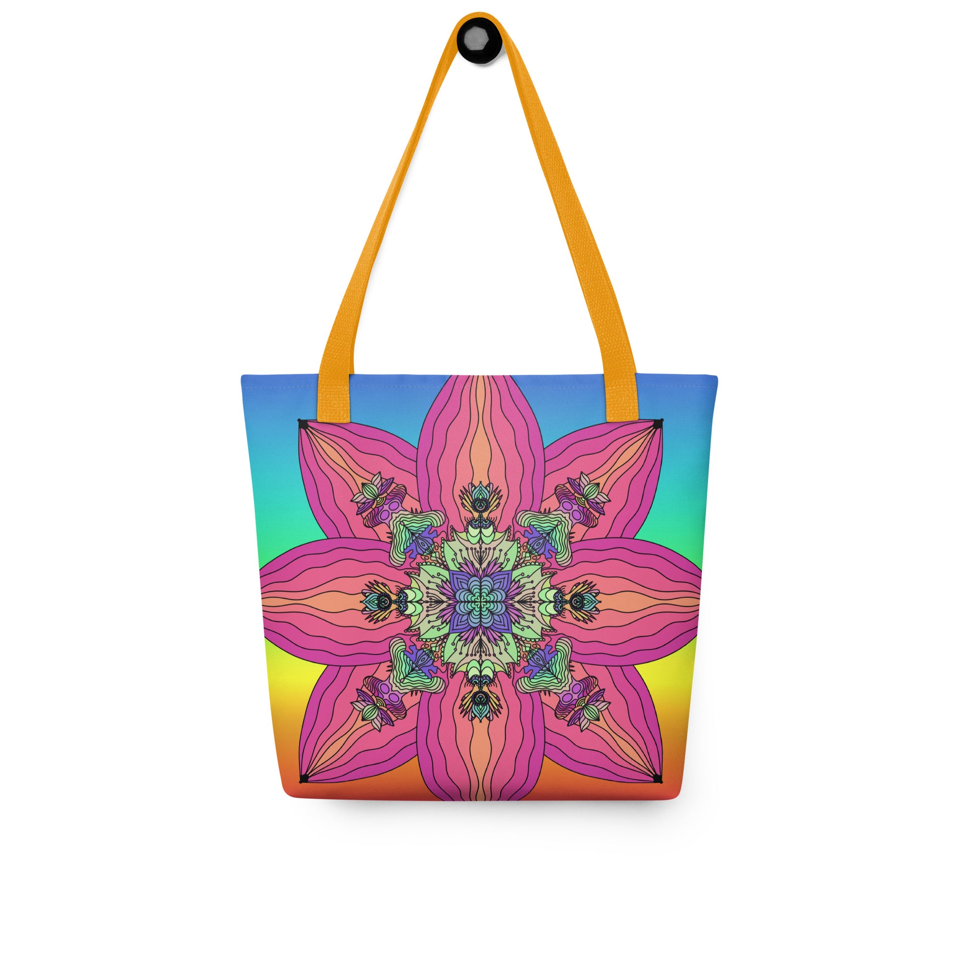 Frontal view of the Blooming Kaleidoscope tote bag with orange straps