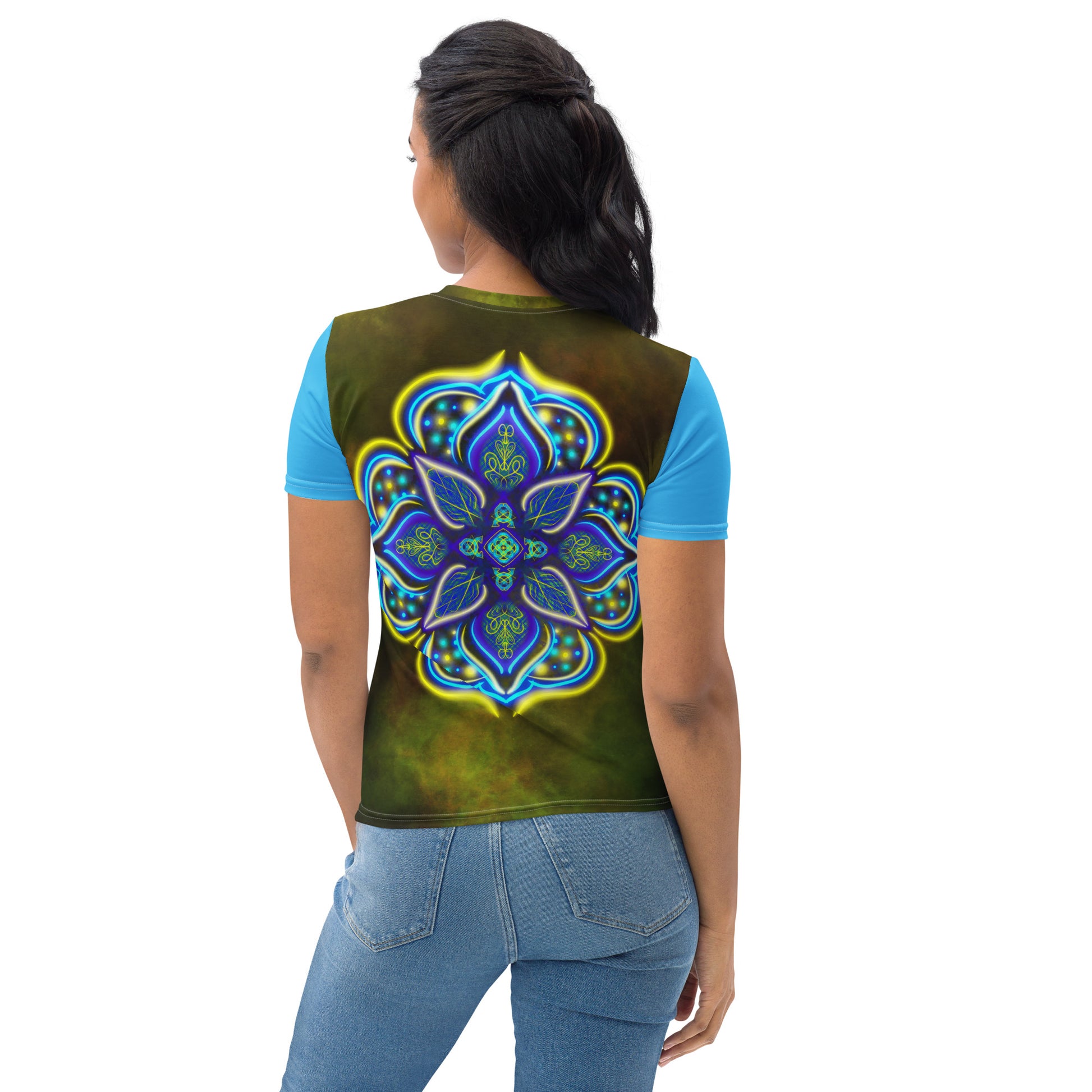 Back view of the Galactic Blossom t-shirt – symmetrical mandala centered on back