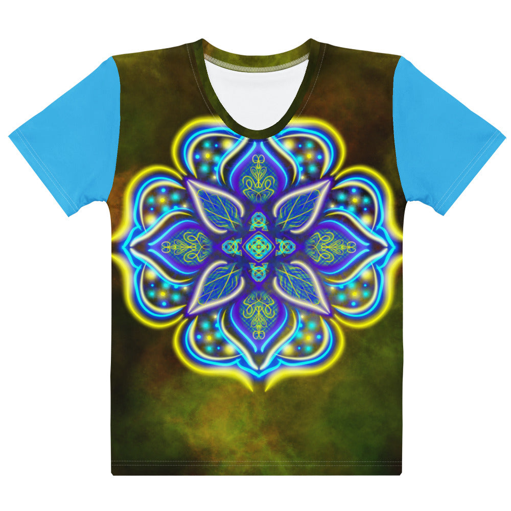 Flat front view of Galactic Blossom women’s t-shirt – vibrant blue mandala on greenish cosmic background