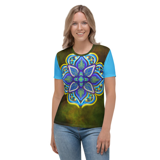 Relaxed front view of Galactic Blossom women’s t-shirt on smiling model