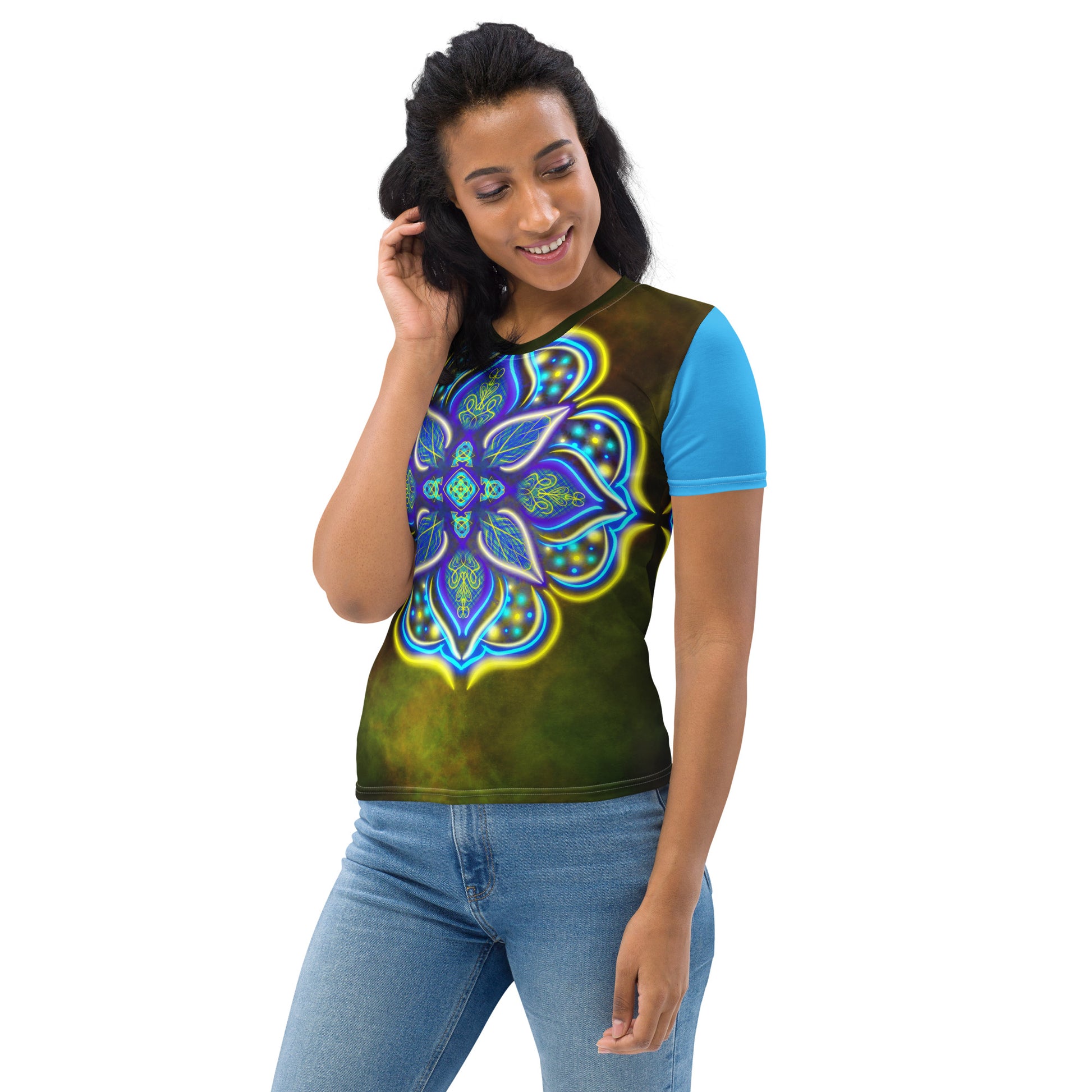 Model wearing Galactic Blossom t-shirt – front view with vibrant flower mandala