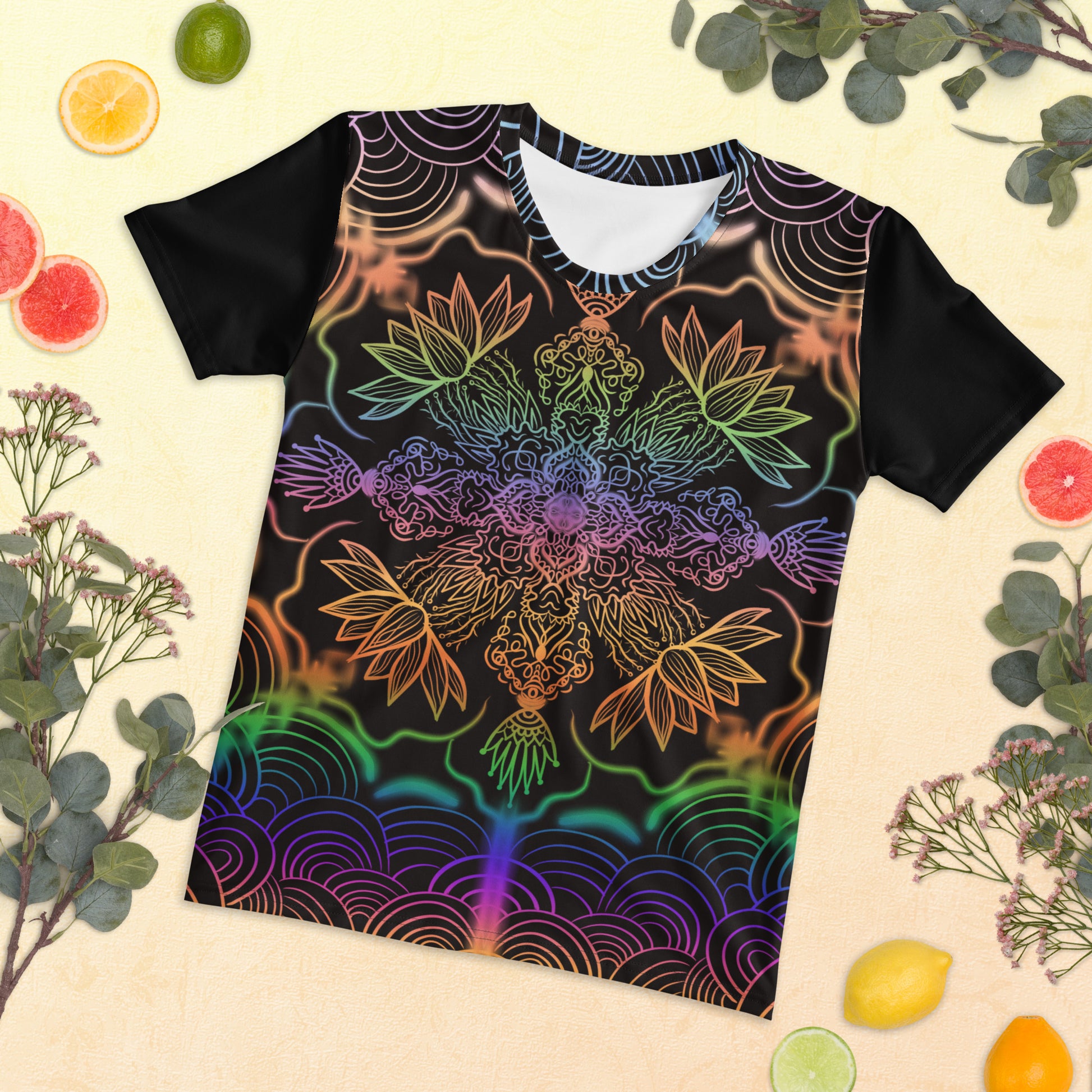 Garden of Realms t-shirt – flat lay on natural backdrop