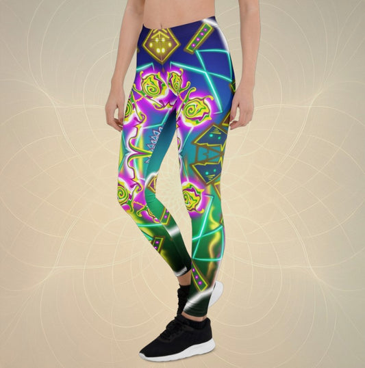 UV reactive Geometric Harmony leggings with neon mandala pattern – BarbArt Design