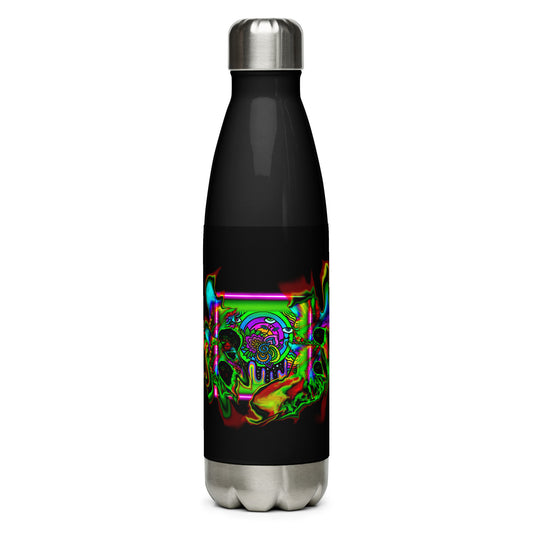 Front view of the LSDream Bloom psychedelic stainless steel bottle with rainbow visuals on black background
