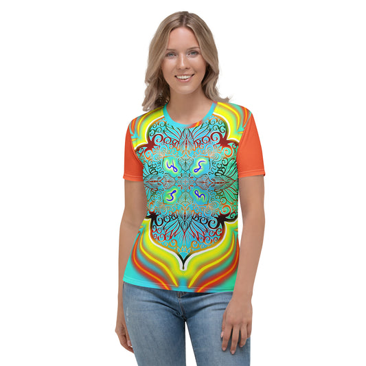 Smiling woman wearing Phoenix Frequency shirt – front view