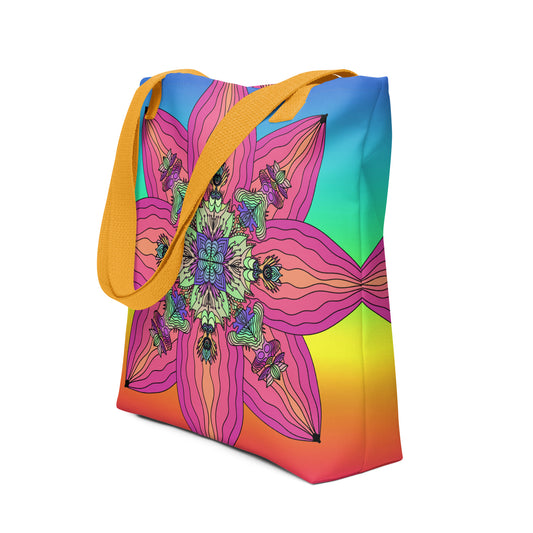Psychedelic flower mandala tote bag side view – vibrant rainbow gradient design