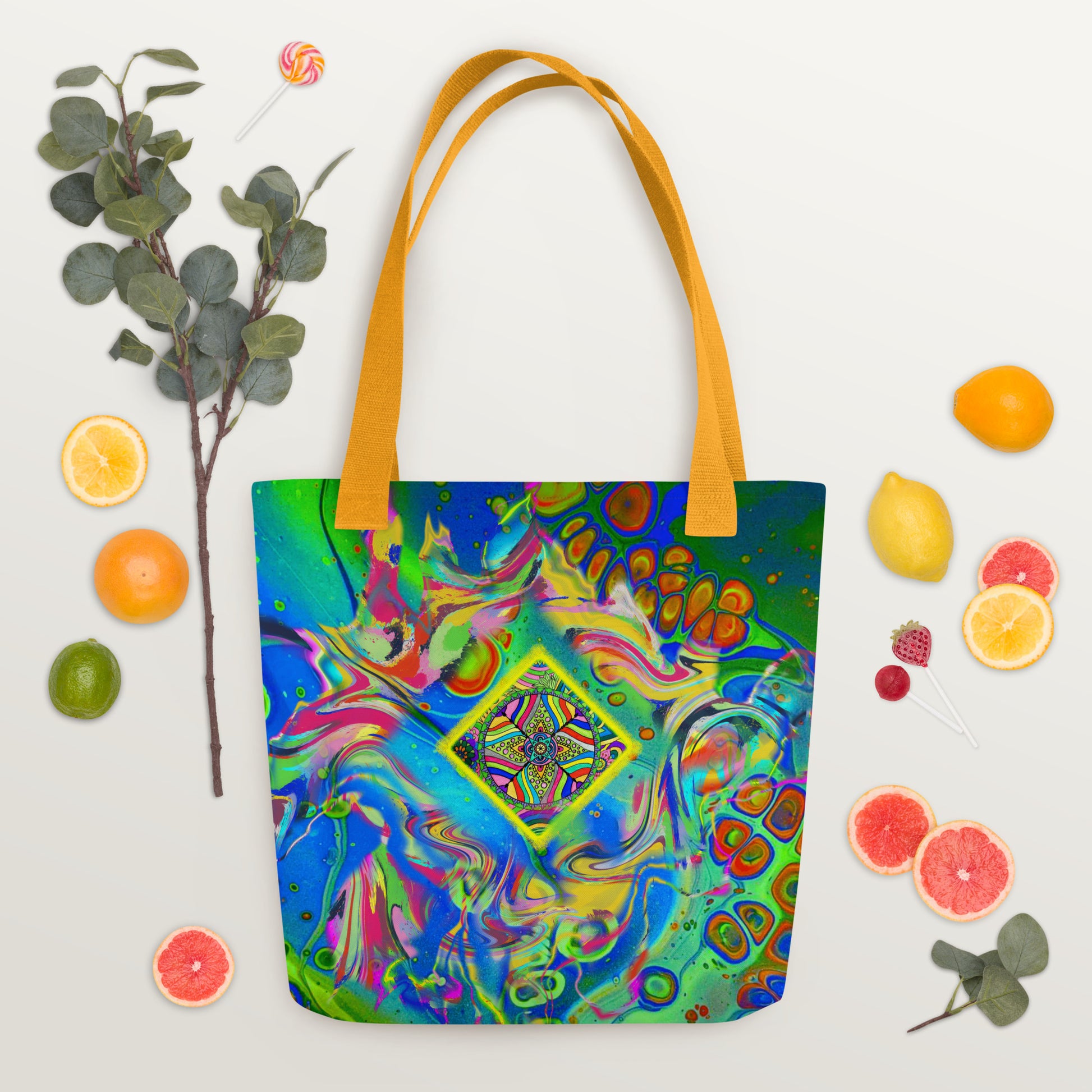 Flat lay of the Quantum Nectar tote bag with organic decor and bright tones