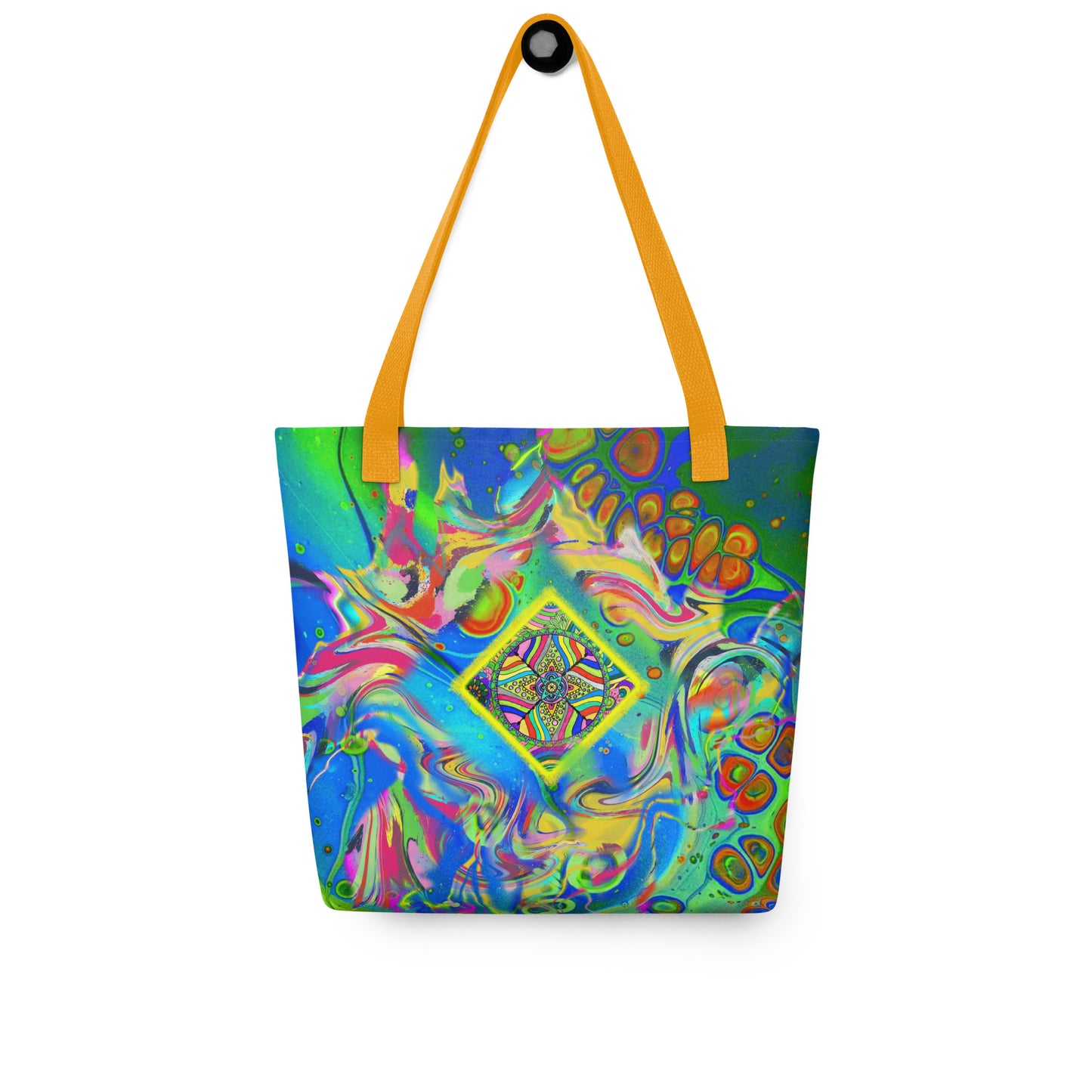 Frontal hanging view of the Quantum Nectar tote bag with vivid pattern