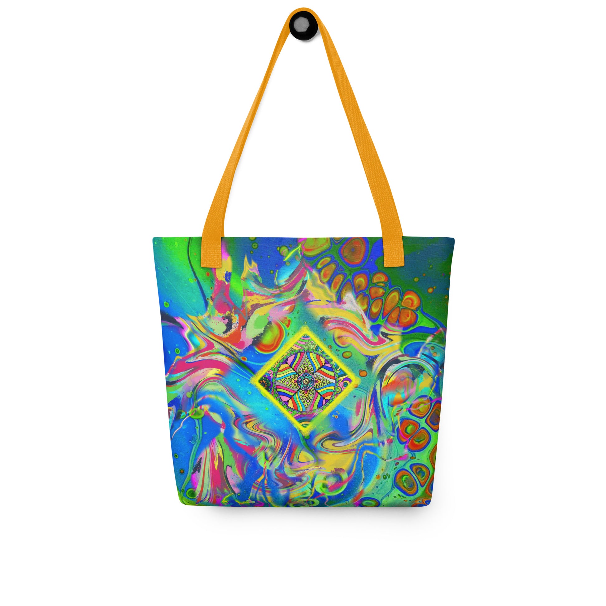 Frontal hanging view of the Quantum Nectar tote bag with vivid pattern